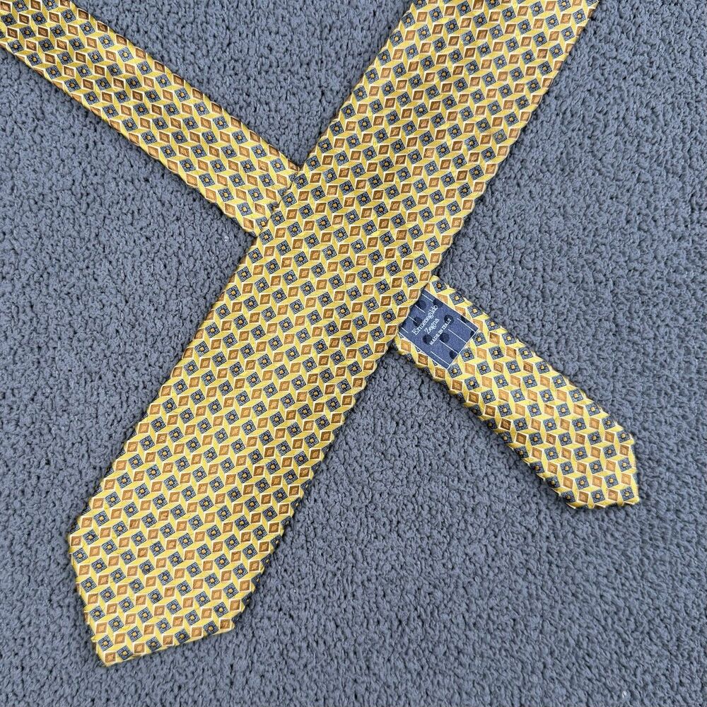 Ermenegildo Zegna Tie Yellow Silk Geometric Diamond Made In Italy Necktie Luxury